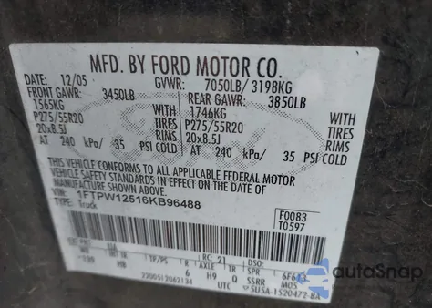 2006 Ford F-150 Lariat/Xlt z USA, uszkodzony, nr VIN 1FTPW12516KB96488